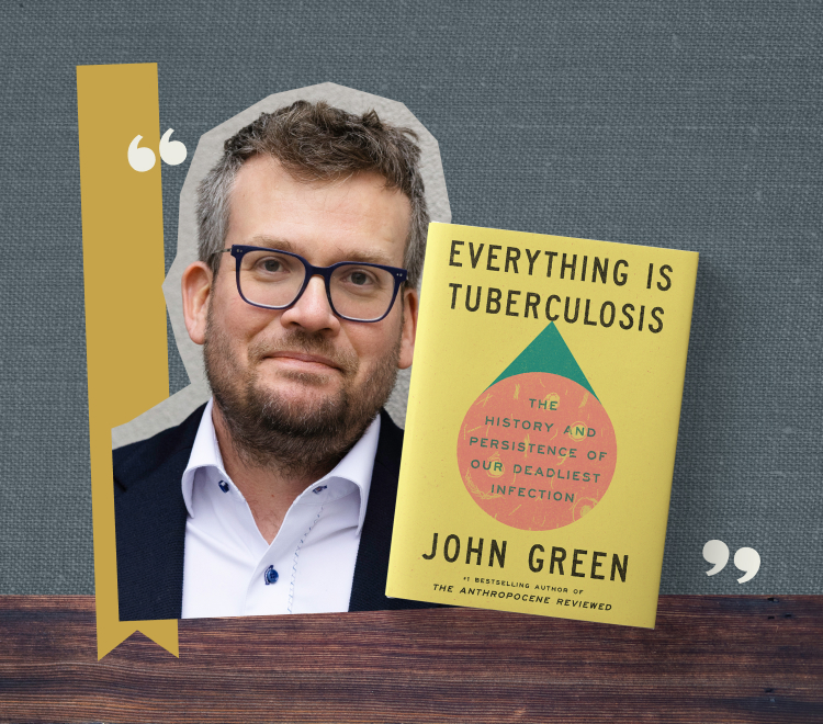 A collage of a headshot of John Green and the cover of his book 